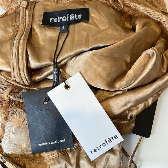 Retrofete Gianni Sequin Beaded Embellished Sheer Lace Champagne Maxi Dress Sz S - Picture 11 of 12